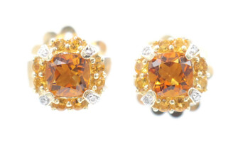 1.32 Ctw Cushion & Round Citrine 10KT Gold Halo Stud Earrings w/ Diamond Accents