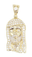 High Shine 10KT Yellow Gold Round Cut CZ Iced Jesus Head Necklace Pendant 1.8"