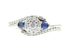 0.86 ctw Round Diamond Halo & Blue Sapphire Bypass 10KT Gold Engagement Ring 