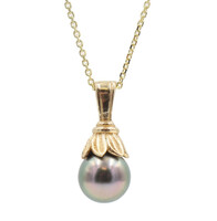 GREEN DOT! 14KT Yellow Gold Black Round Cultured Pearl on 10KT 20" Necklace. 