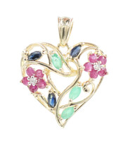 Women's Estate 10KT Yellow Gold Multi-Stone Floral Filigree Heart Pendant 2.36g