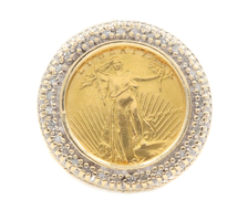 Liberty 1/10 oz Fine Gold Coin 0.32 Ctw Round Diamond 10KT Yellow Gold Ring 8.6g