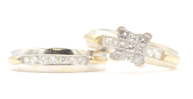 Estate 0.85 ctw Princess & Round Cut Diamond Two Tone 14KT Gold Wedding Ring Set