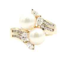 Estate Cultured Pearl w Marquise & Round Cut 0.54 ctw Diamond 14KT Bypass Ring