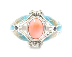 Estate Oval Cabochon Coral & Enamel Butterfly Sterling Silver Vintage Style Ring