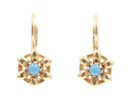 Women's 0.26 Ctw Cabochon Turquoise 18KT Yellow Gold Floral Dangle Earrings 2.7g