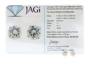 14KT White Gold 0.94 ctw Round Brilliant Diamond I1 K/L Solitaire Stud Earrings