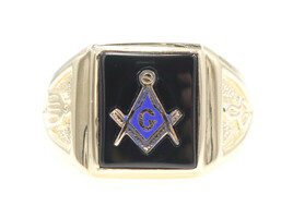 Men's 2.0 Ct Cabochon Black Onyx 10KT Yellow Gold Masonic Compass Ring - 7.37g