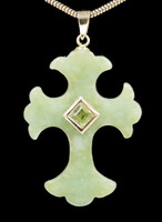 Carved Jade & Peridot 14KT Yellow Gold Cross Pendant on 10KT Snake Chain 26"