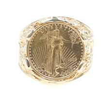 Men's Liberty 1996 1/10oz Fine Gold Coin In 14KT Yellow Gold Nugget Ring 15.55g