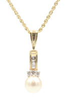 Estate Cream Pearl & 0.12 ctw Diamond 10KT Gold Pendant w 14KT Rope 18" Necklace