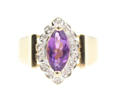 Estate 0.38 Ct Marquise Cut Amethyst & Round Diamond Halo 14KT Yellow Gold Ring
