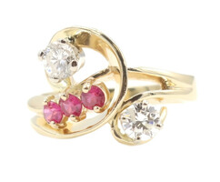 Estate 0.80 ctw Round Diamond & 0.24 Natural Ruby 14KT Yellow Gold Women's Ring