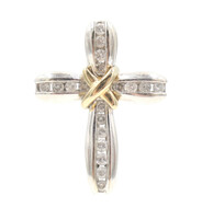 10KT White and Yellow Gold 0.33 ctw Round Diamond Channel Set Cross Pendant 2.2g