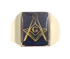 Men's Estate 10KT Yellow Gold Freemason Masonic Blue Resin 13.9mm Signet Ring 