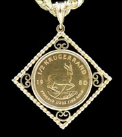 1980 1/2 oz Krugerrand Coin in 14KT Gold Pendant on 10KT Rope Chain 22.5" - 90g