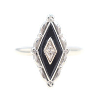 Art Deco Style 10KT White Gold Navette Onyx Inlay & Diamond Accent Ring 2.2g