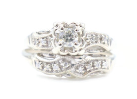 Antique Style 0.29 Ctw Round Diamond 14KT White Gold Soldered Wedding Ring Set