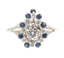 Estate 0.44 Ctw Round Diamond & Lab-Created Sapphire Pear Cluster 14KT Gold Ring