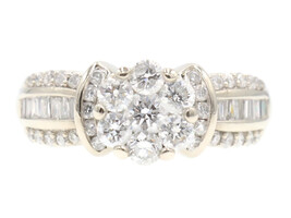 Estate 1.56 Ctw Round & Baguette Diamond 14KT White Gold Cluster Engagement Ring