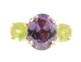 3-Stone 4.10 Ct Oval Lab-Created Purple Sapphire & Round Peridot 14KT Gold Ring