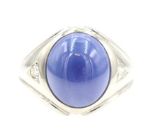 10.5 Ct Cabochon Synthetic Star Sapphire w/ Natural Diamond 14KT White Gold Ring