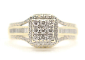 0.78 ctw Round & Baguette Diamond Cluster Halo 10KT Yellow Gold Engagement Ring