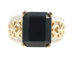 Estate 9.10 Ct Black Onyx & Round Diamond 10KT Yellow Gold Heart Filigree Ring 