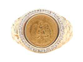 1945 Estados Unidos Mexicanos Coin 10KT Yellow Gold Nugget Ring w Diamonds 10g