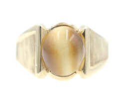 Men's Solitaire 3.30 Ct Cabochon Tiger's Eye 10KT Yellow Gold Statement Ring 7g