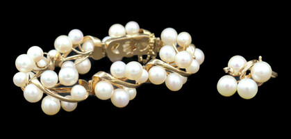 Estate 14KT Yellow Gold Round White Pearl Women's Matching Bracelet & Ring 39g