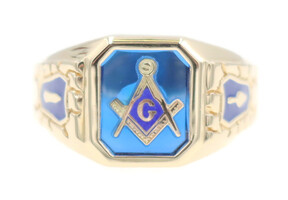 Estate Lab-Created Sapphire Inlay 10KT Yellow Gold Nugget Style Masonic Ring 6g