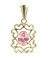 10KT Yellow Gold Oval Cut Pink Cubic Zirconia Filigree Heart Necklace Pendant 3g