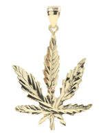 10KT Yellow Gold 1.9" Diamond Cut Marijuana Cannabis Leaf Necklace Pendant 3.4g