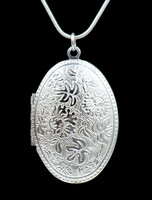 Sterling Silver Large Floral Oval Locket Pendant on 18" Snake Chain Necklace 11g