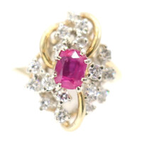 Estate 0.90 ctw Emerald Cut Ruby 0.50 ctw Round Diamond 14KT Gold Cocktail Ring