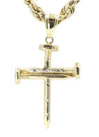 Diamond-Cut 10KT Yellow Gold Nail Cross Pendant on 22" 10KT Rope Chain Necklace