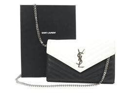 Saint Laurent Grain De Poudre Matelasse Chevron Monogram Envelope Chain Wallet White Black