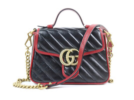 Authentic Gucci GG Marmont Mini Top Handle Black and Red Luxury Leather Handbag 