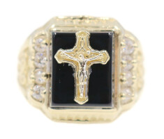 Men's Estate 10KT Yellow Gold Black Resin & Round Clear CZ Crucifix Ring 4.32g