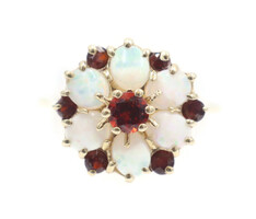 Natural 1.20 Ctw Cabochon Opal & Round Cut Garnet 10KT Gold Flower Cluster Ring