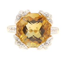 Unique 6.40 Ct Cushion-Cut Citrine & Round Diamond 14KT Yellow Gold Ring by Meda