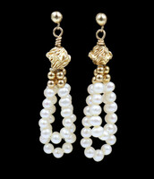 14KT Yellow Gold Bead & White Cultured Seed Pearls Double Loop Dangle Earrings