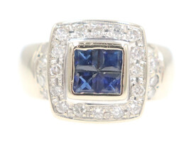 Natural 0.64 Ctw Princess Cut Sapphire & Diamond Halo 18KT White Gold Ring 7.4g 