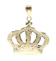 1.7" Diamond Cut 10KT Yellow Gold Nugget Detailed Large Crown Necklace Pendant 