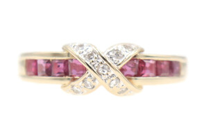 Channel-Set 0.64 Ctw Natural Ruby w/ Diamond Accents 14KT Gold "X" Design Ring