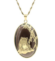 18KT Gold 32.0 ctw Smoky Quartz Cabochon Panda Pendant 24.5" 14KT Gold Necklace