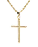 14KT Yellow Gold Wood Texture Cross Pendant w 21" 1.9mm Rope Chain Necklace 6.4g