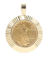 5 Dollar Liberty US 1/10oz Fine Gold Coin in 14KT Yellow Gold Bezel Pendant 6.2g