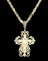 14KT Yellow Gold Diamond Cut Cross Pendant on 22.5" 2mm Rope Chain Necklace 4.8g